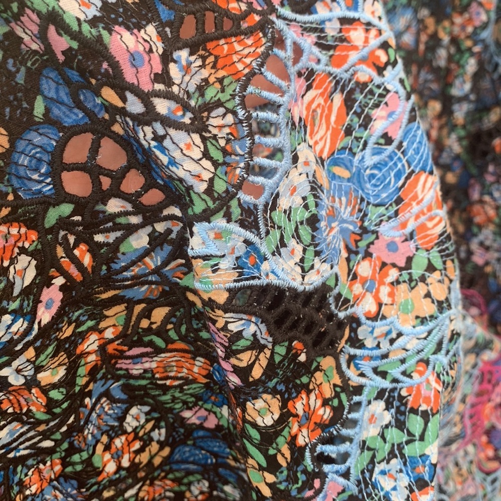 Anthropologie Blue Black Pink Floral Embroidery Ruffle Eyelet Lined Maxi Dress - Picture 12 of 16